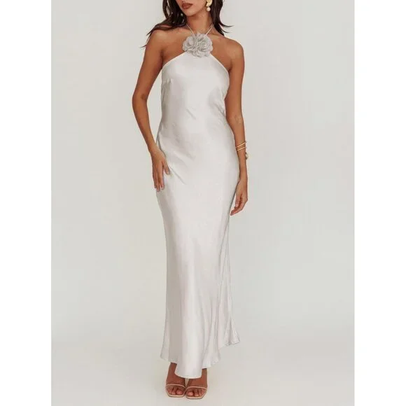 Women's White Summer Silk Sleeveless Cocktail Formal Backless Long Maxi - Picture 2 of 6
